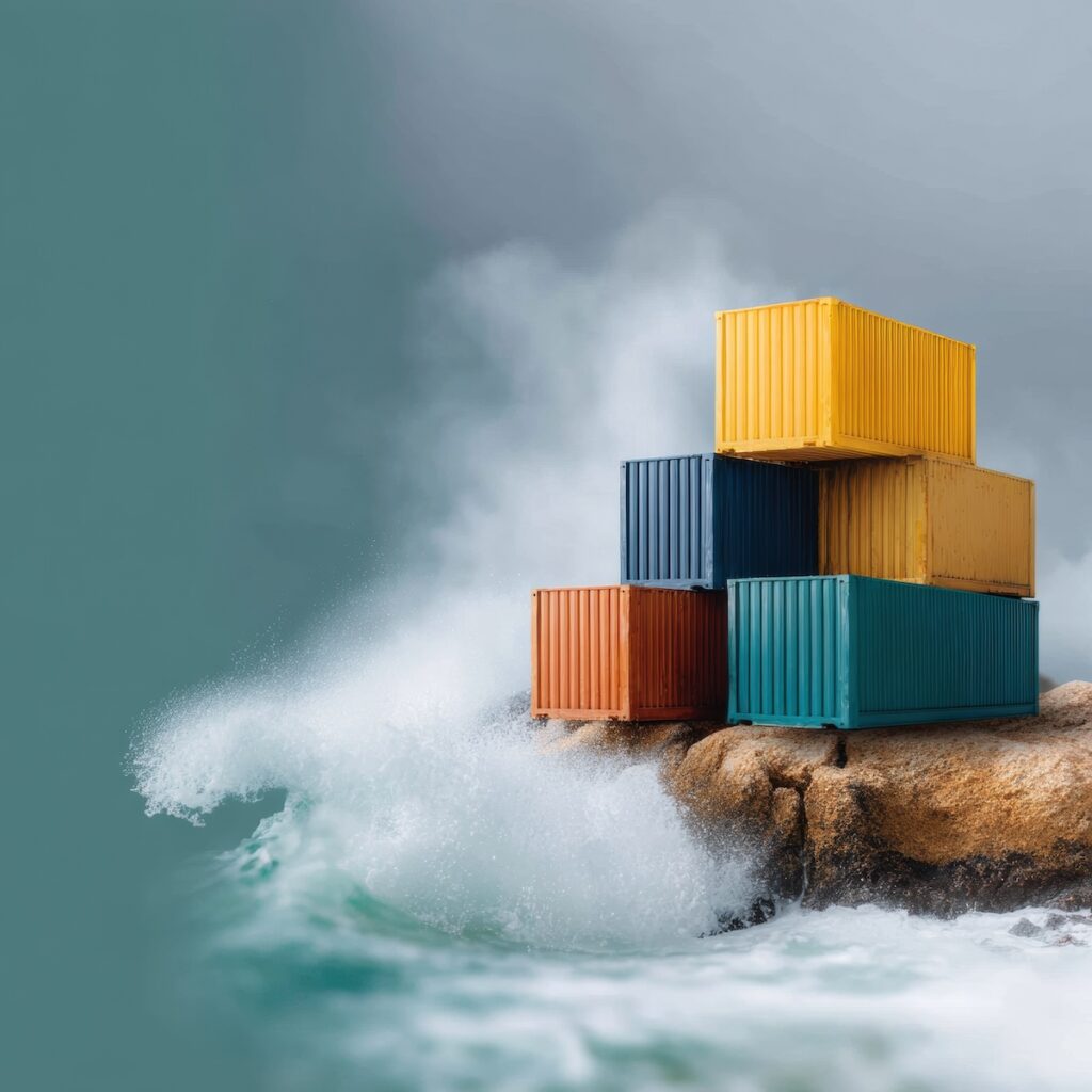 Strategic shipping containers stacked on rocky coast with ocean waves, symbolizing global trade resilience and environmental impact in modern logistics